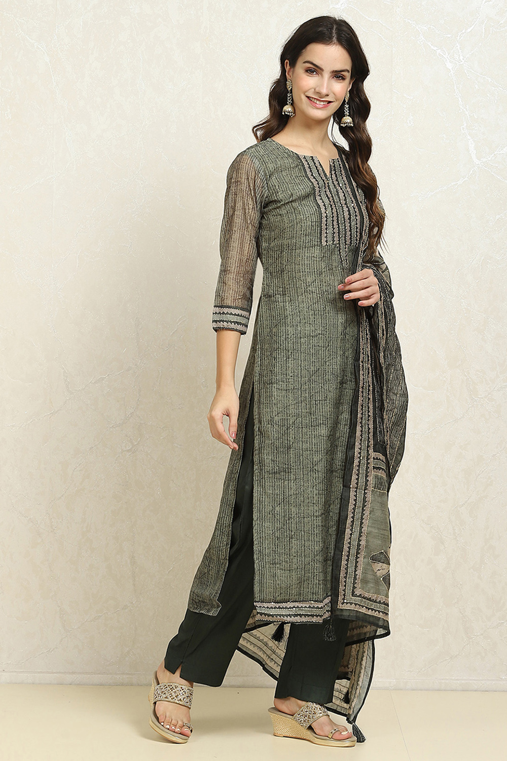 Grey Chanderi Blend Hand Embroidered Unstitched Suit Set image number 6