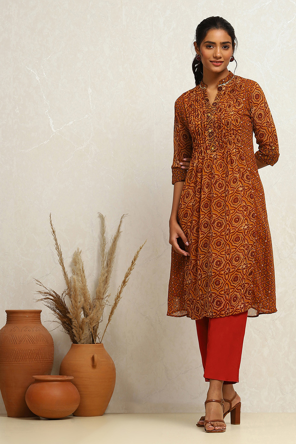 Mustard and Maroon Georgette Printed A-Line Kurta image number 0