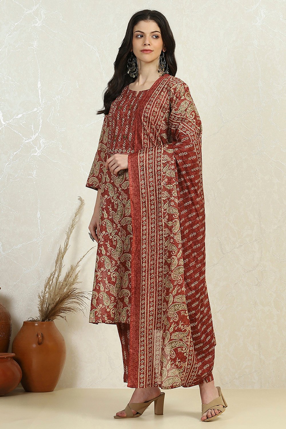 Maroon Cotton Printed Embroidered Unstitched Suit Set image number 4