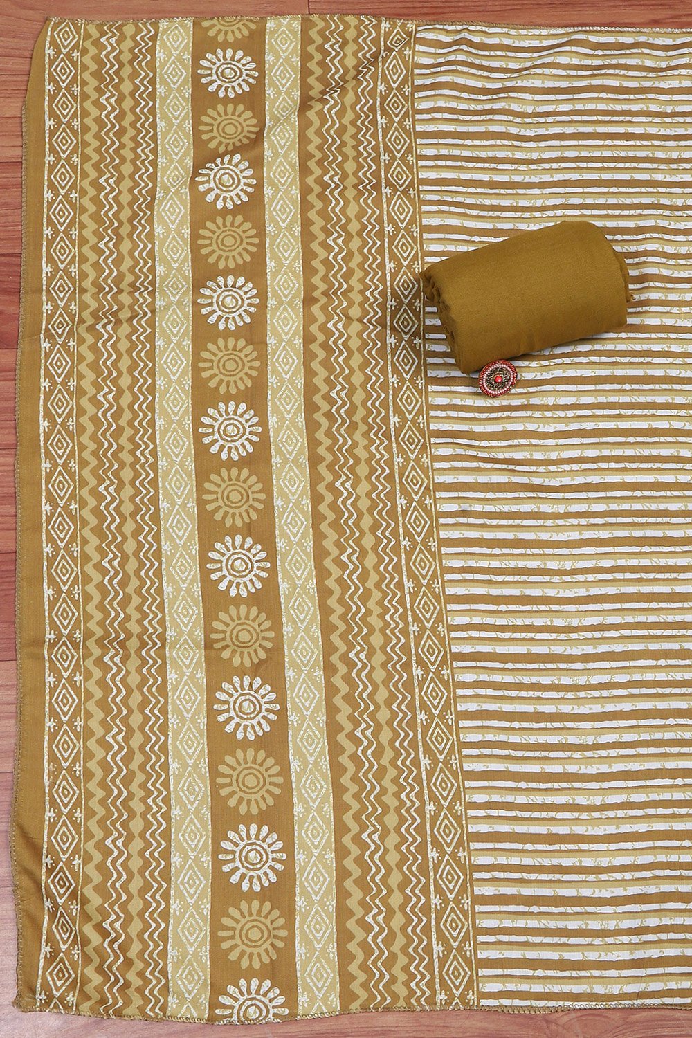 Mustard Cotton Printed Unstitched Suit Set image number 3