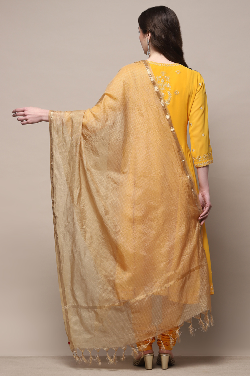 Beige Yard-Dyed Dupatta with Tassels image number 1