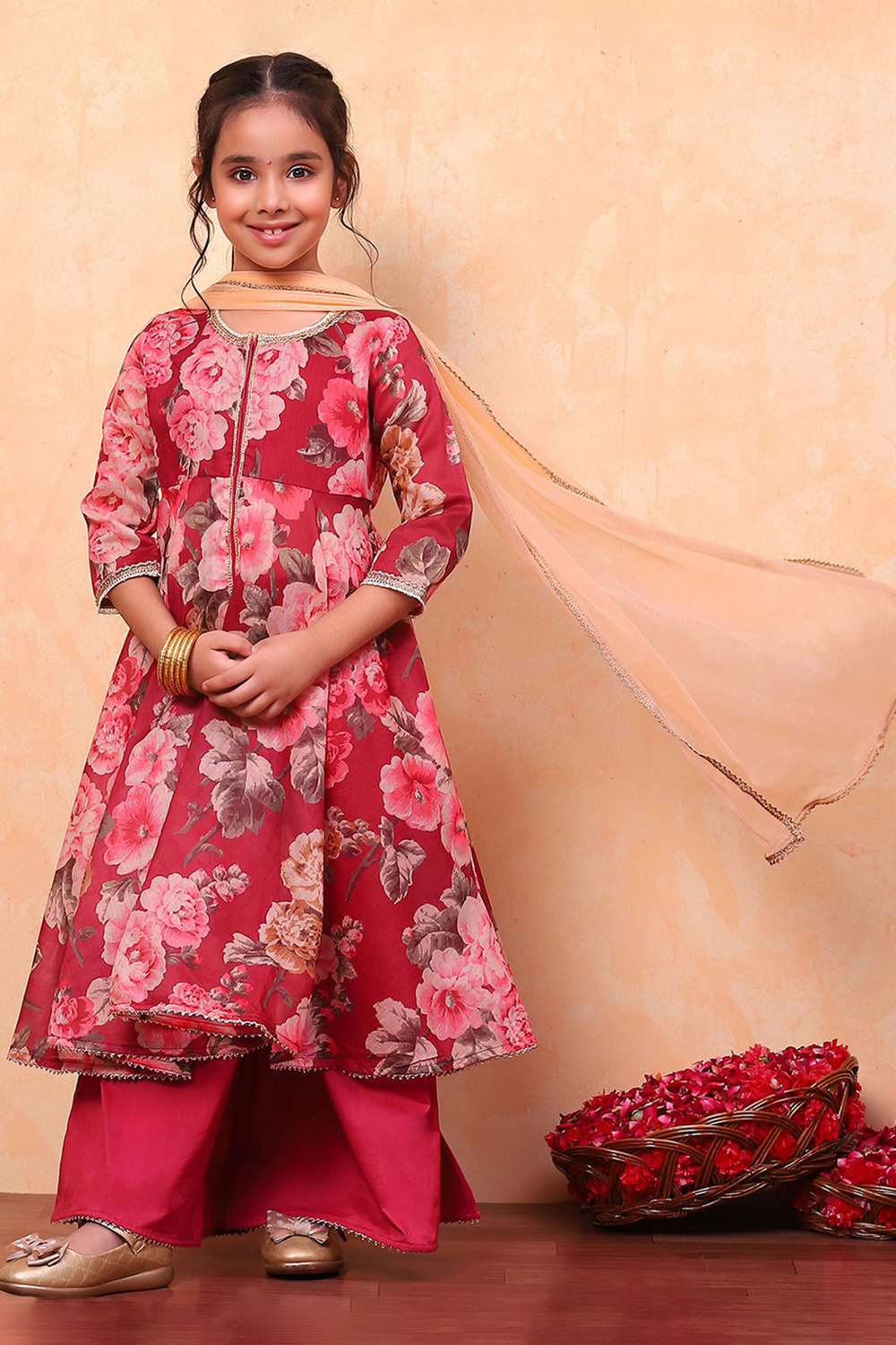 White and Pink Floral Printed Flared Festive Suit Set image number 5