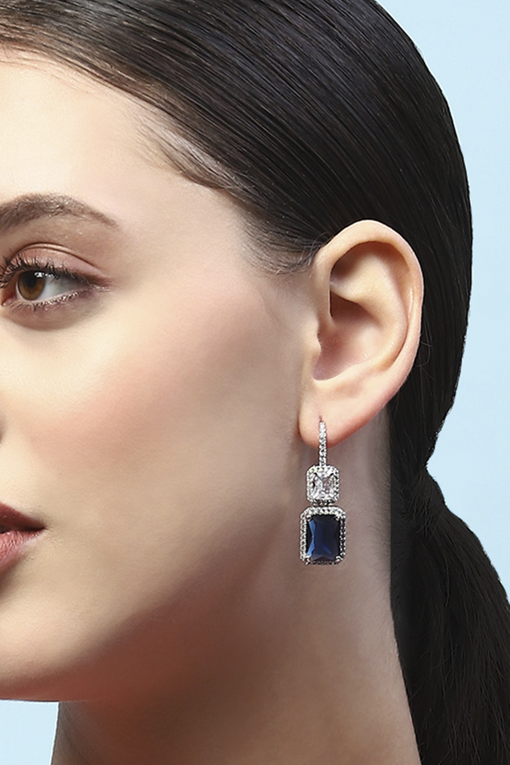 Blue Silver-Plated CZ Studded Geometric Danglers image number 3