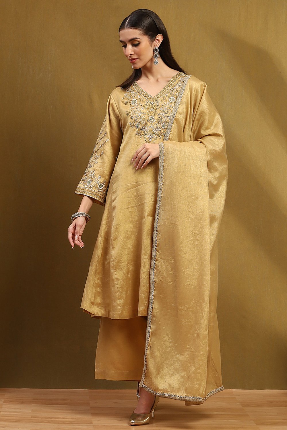 Gold Cotton Kalidar Suit Set image number 7