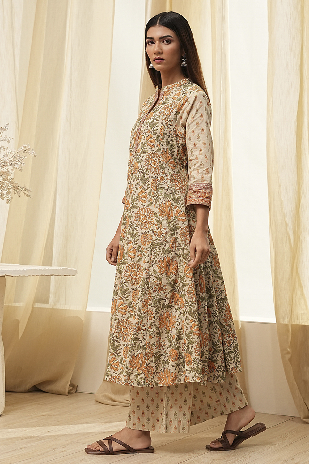 Beige Pure Cotton Floral Kalidar Kurta Set image number 3