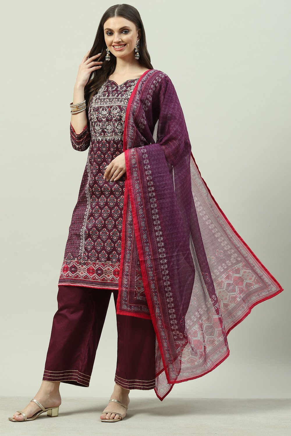 Wine Cotton Straight Kurta Slim Pants Suit Set image number 0