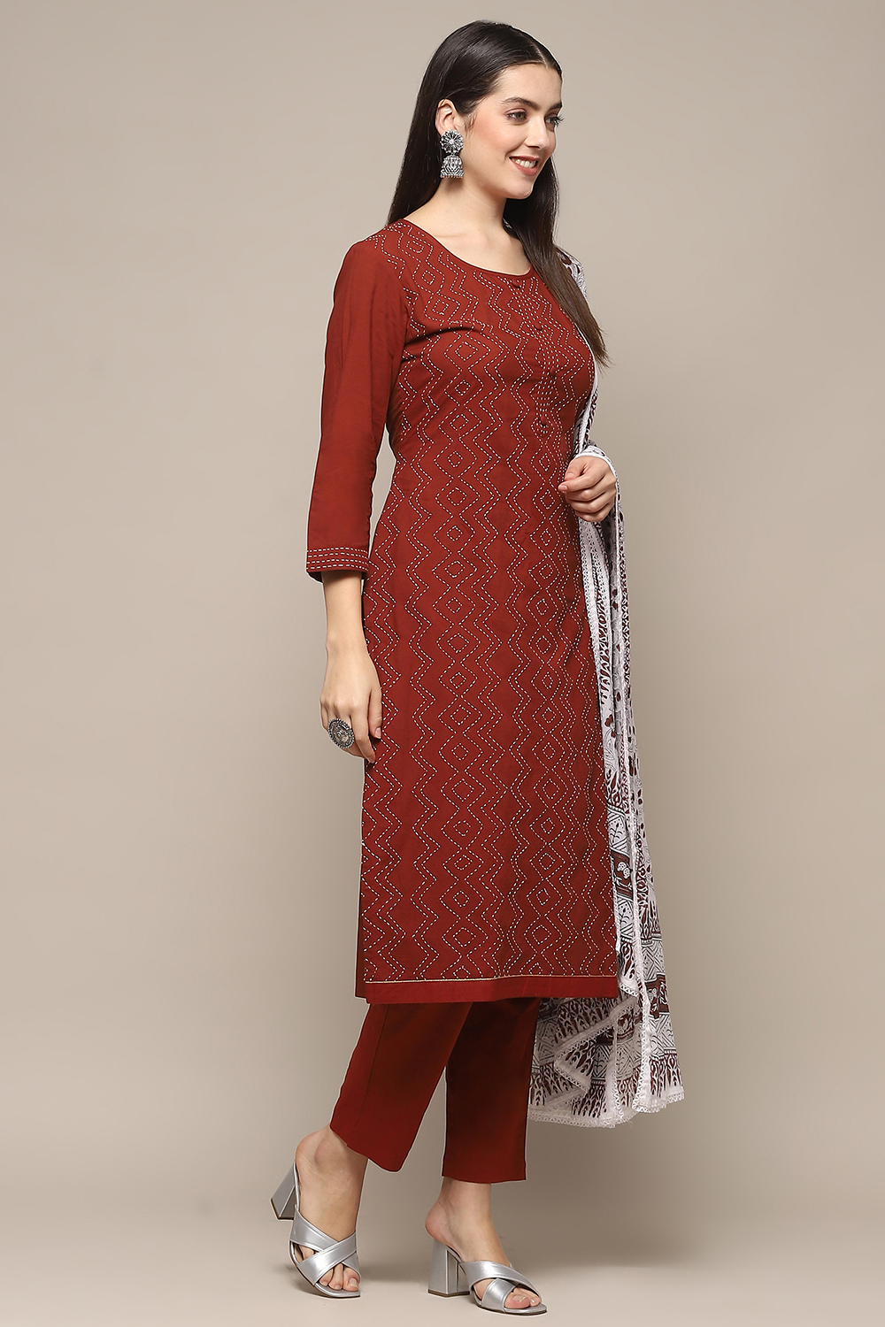 Beige Maroon Cotton Unstitched Suit set image number 7