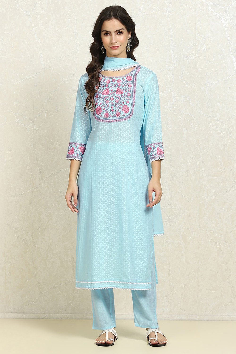 Blue Cotton Handloom Unstitched Suit Set image number 7