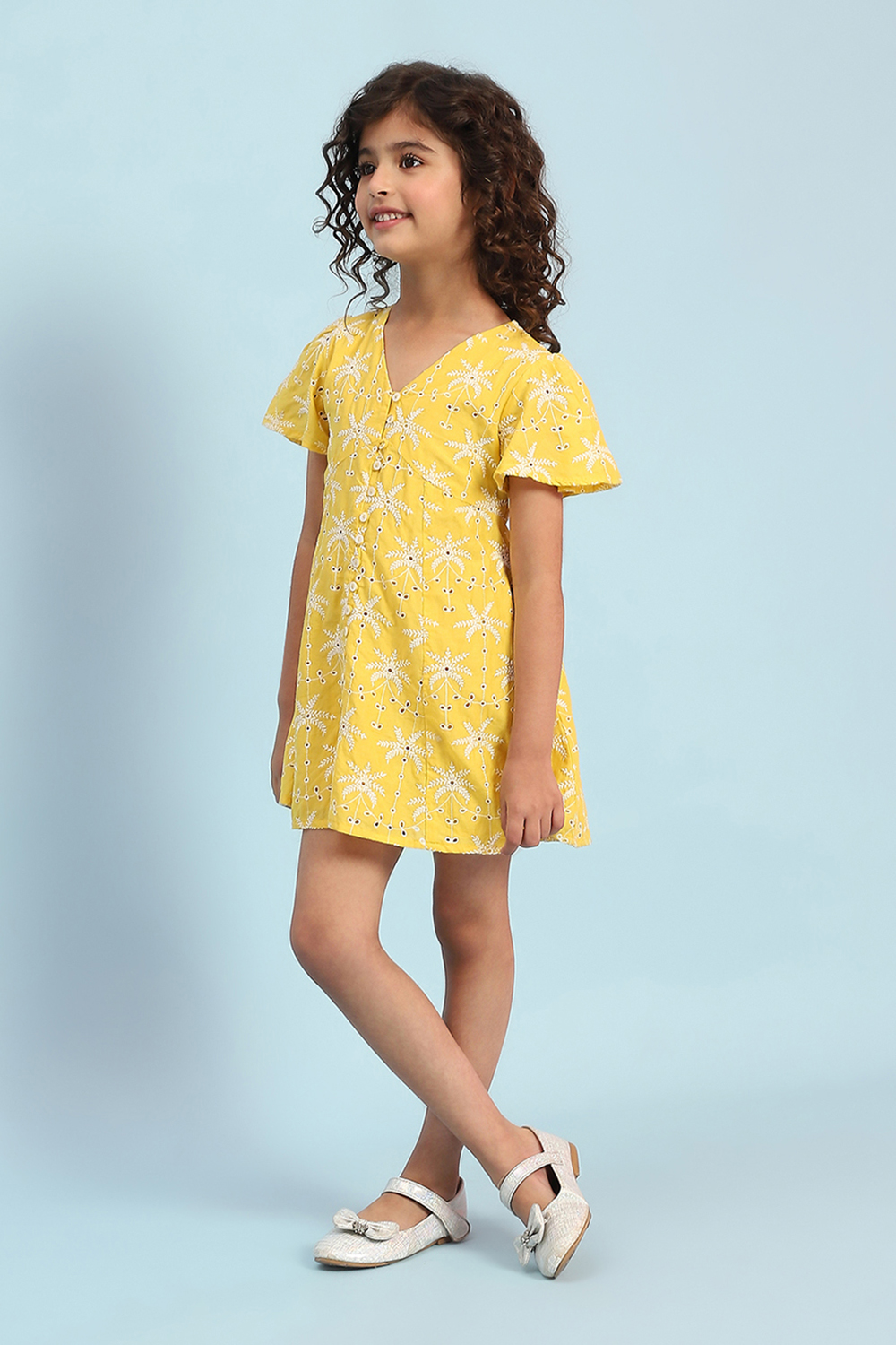 Yellow Pure Cotton Schiffli A-Line Dress image number 2