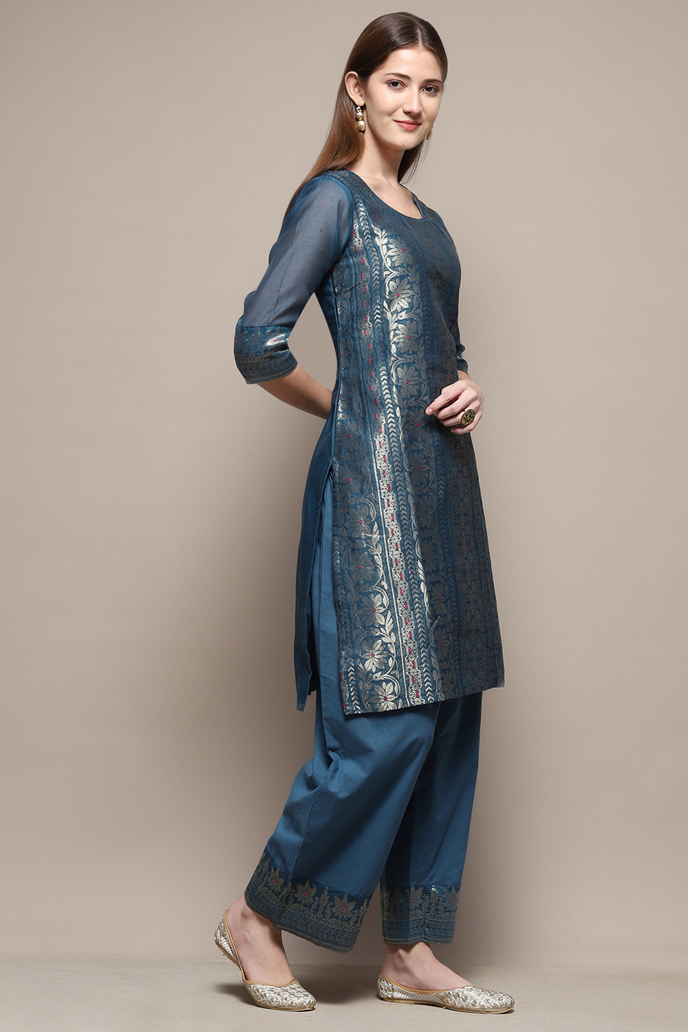 Blue Cotton Blend Straight Kurta Palazzo 2 Piece Set image number 5