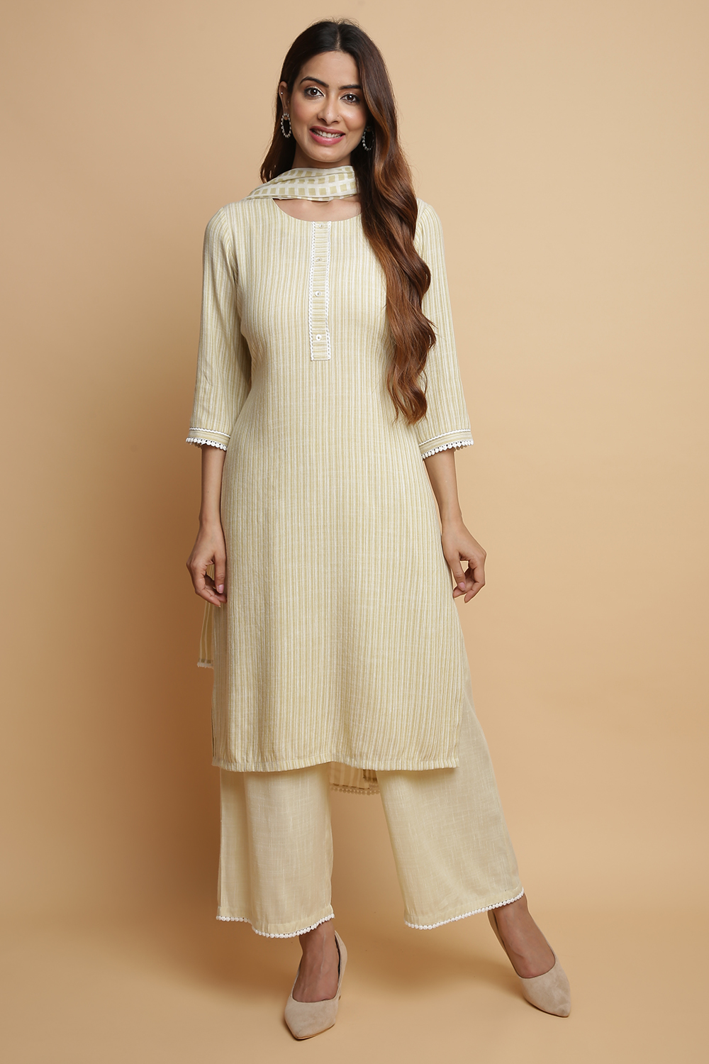 Pale Yellow Poly Staple Straight Suit Set image number 0