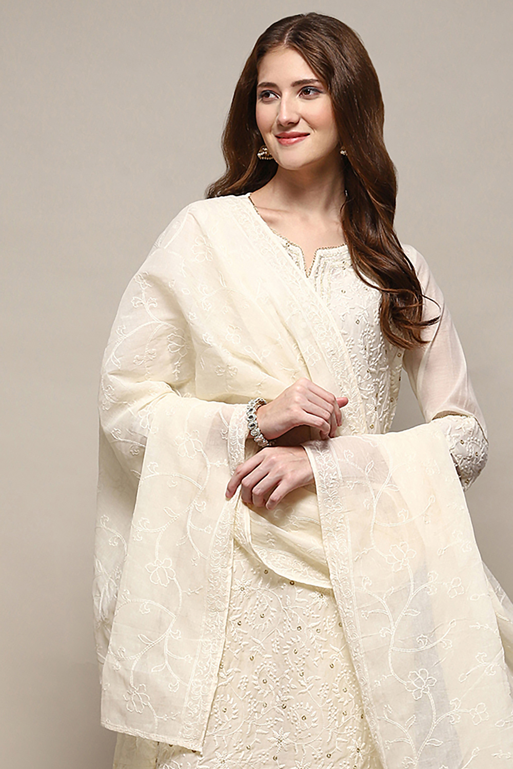 White Cotton Embroidered Lightweight Dupatta image number 0