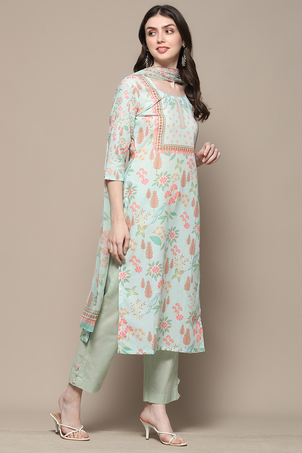 Cream Cotton Blend Digital Print Unstitched Suit Set image number 7