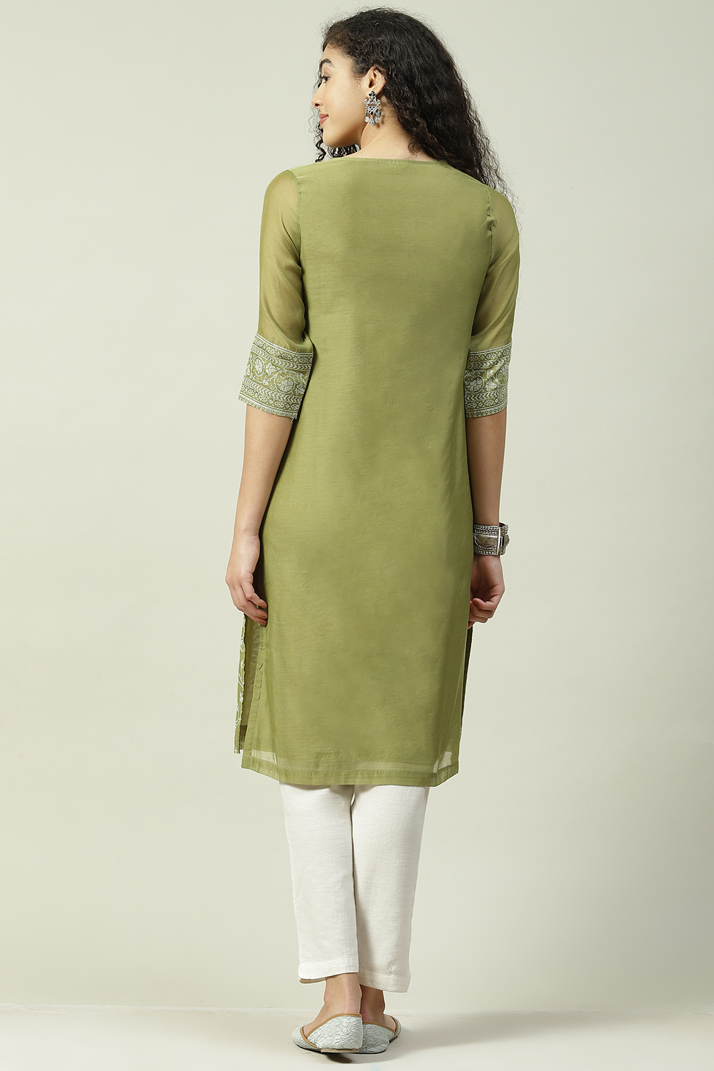 Green Art Silk Straight Printed Kurta image number 4