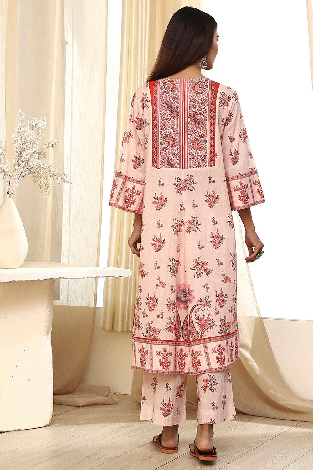 Peach Cotton Straight Suit Set image number 4