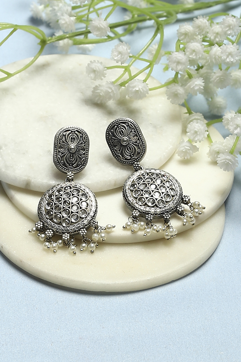 White Stone Studded Oxidised Danglers image number 0