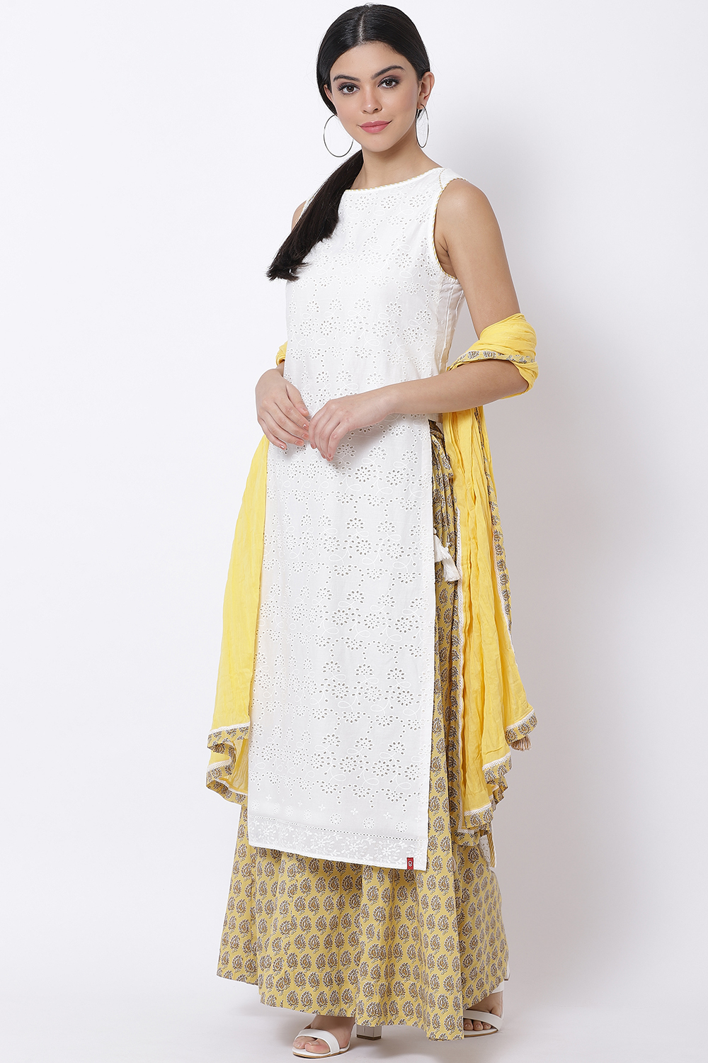 White Cotton Straight Kurta Sharara Suit Set image number 2