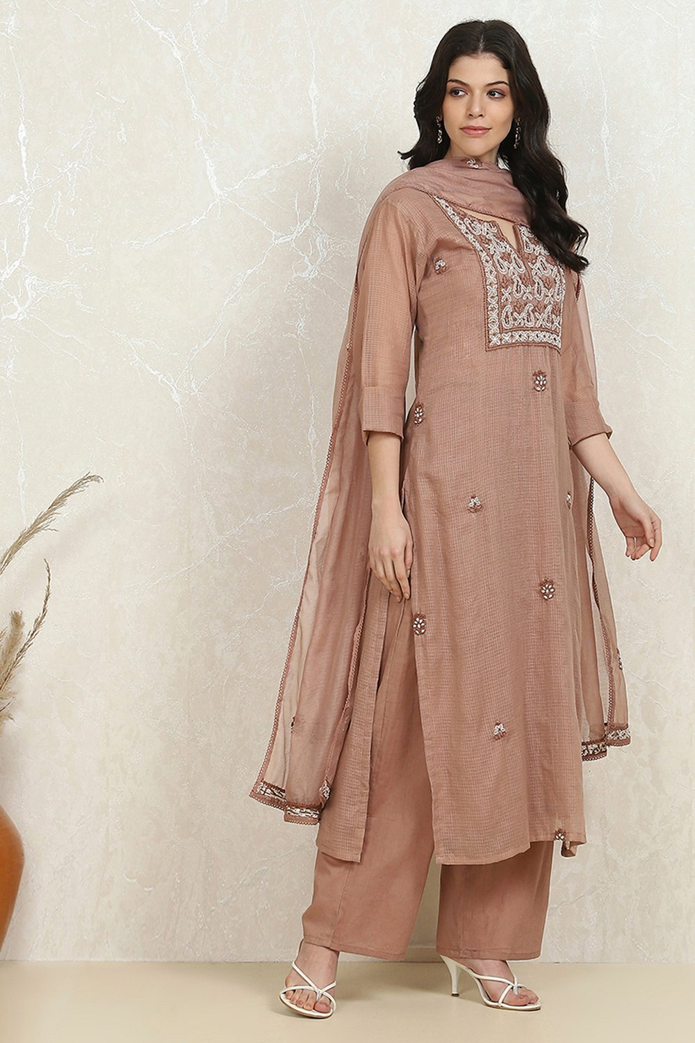 Brown Cotton Hand Embroidered Unstitched Suit Set image number 6