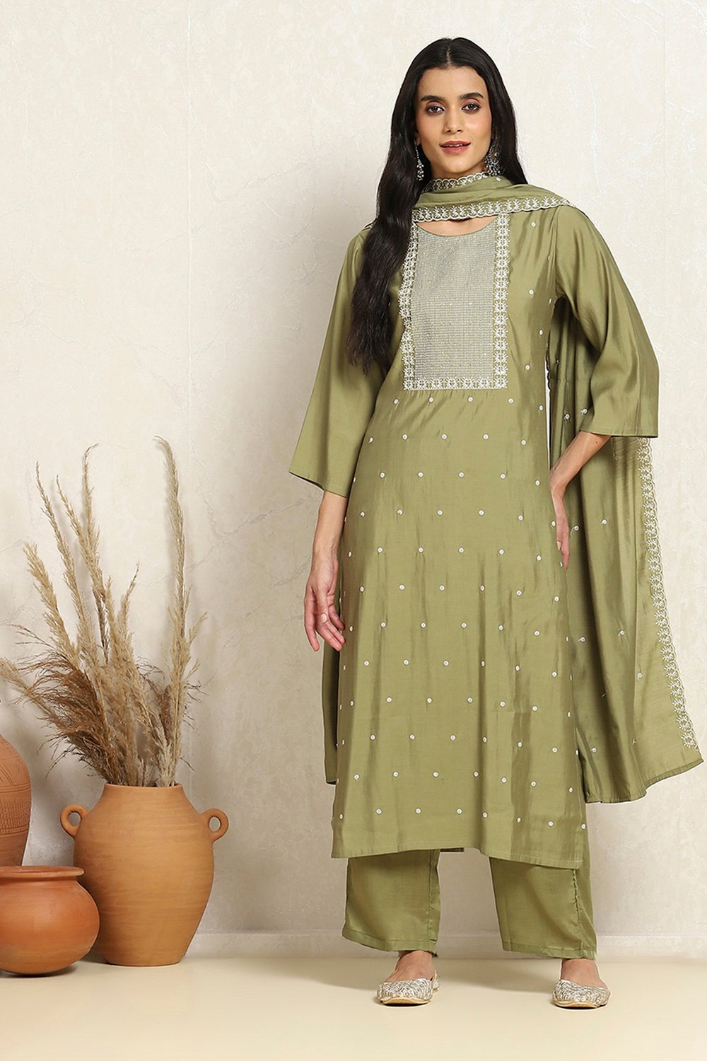 Green Silk Blend Machine Embroidered Unstitched Suit Set image number 1