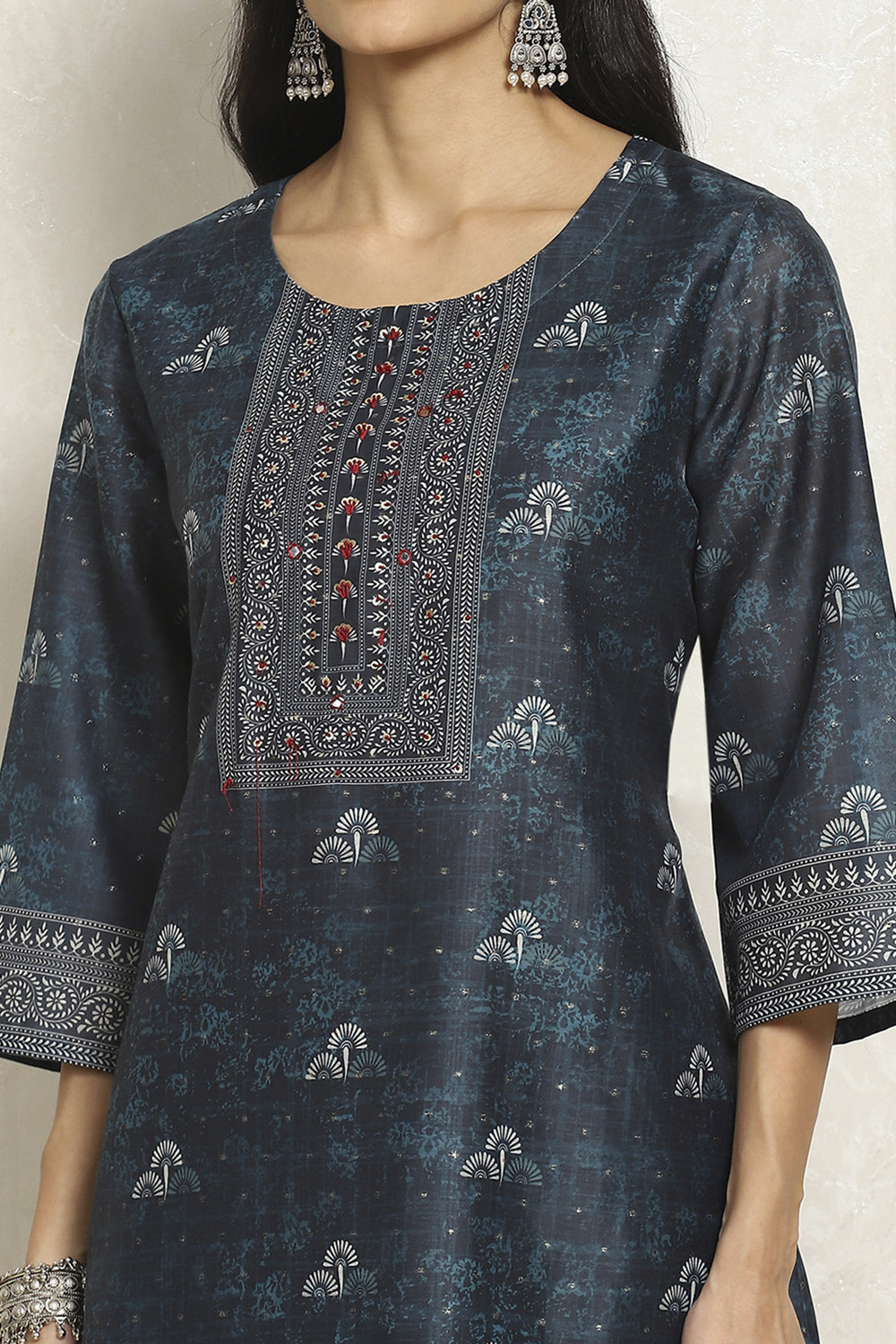 Blue Chanderi Geometric Printed Unstitched Suit Set image number 2