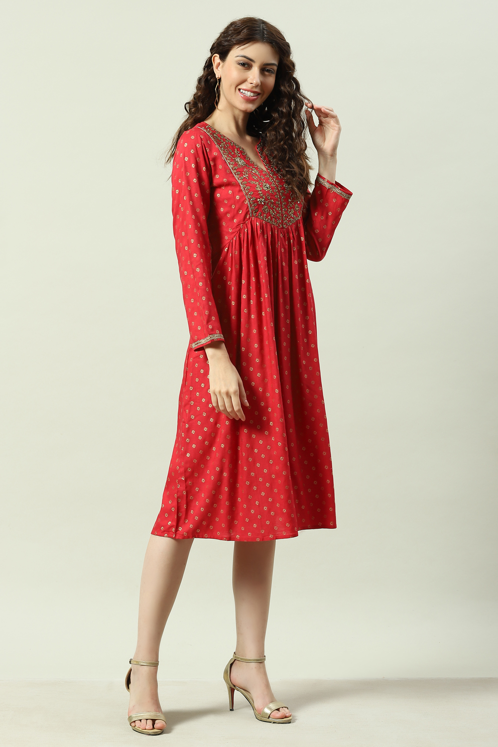 Green Rayon Flared Printed Kurta Dress image number 3