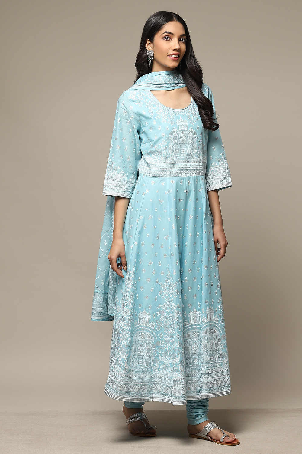 Powder Blue Cotton Anarkali Kurta Churidar Suit Set image number 6