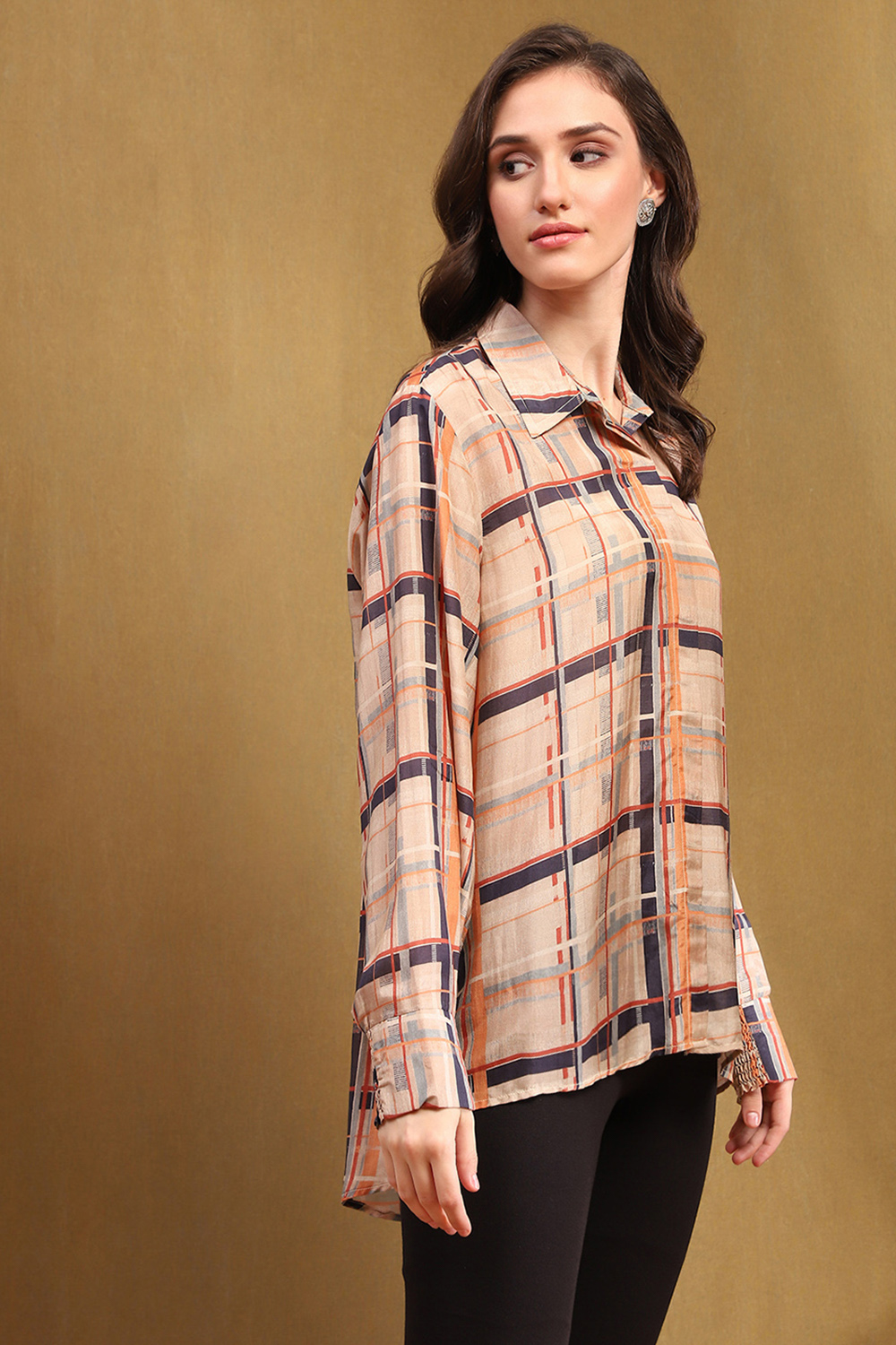 Beige Viscose Blend Checked Shirt-Style Kurti image number 4