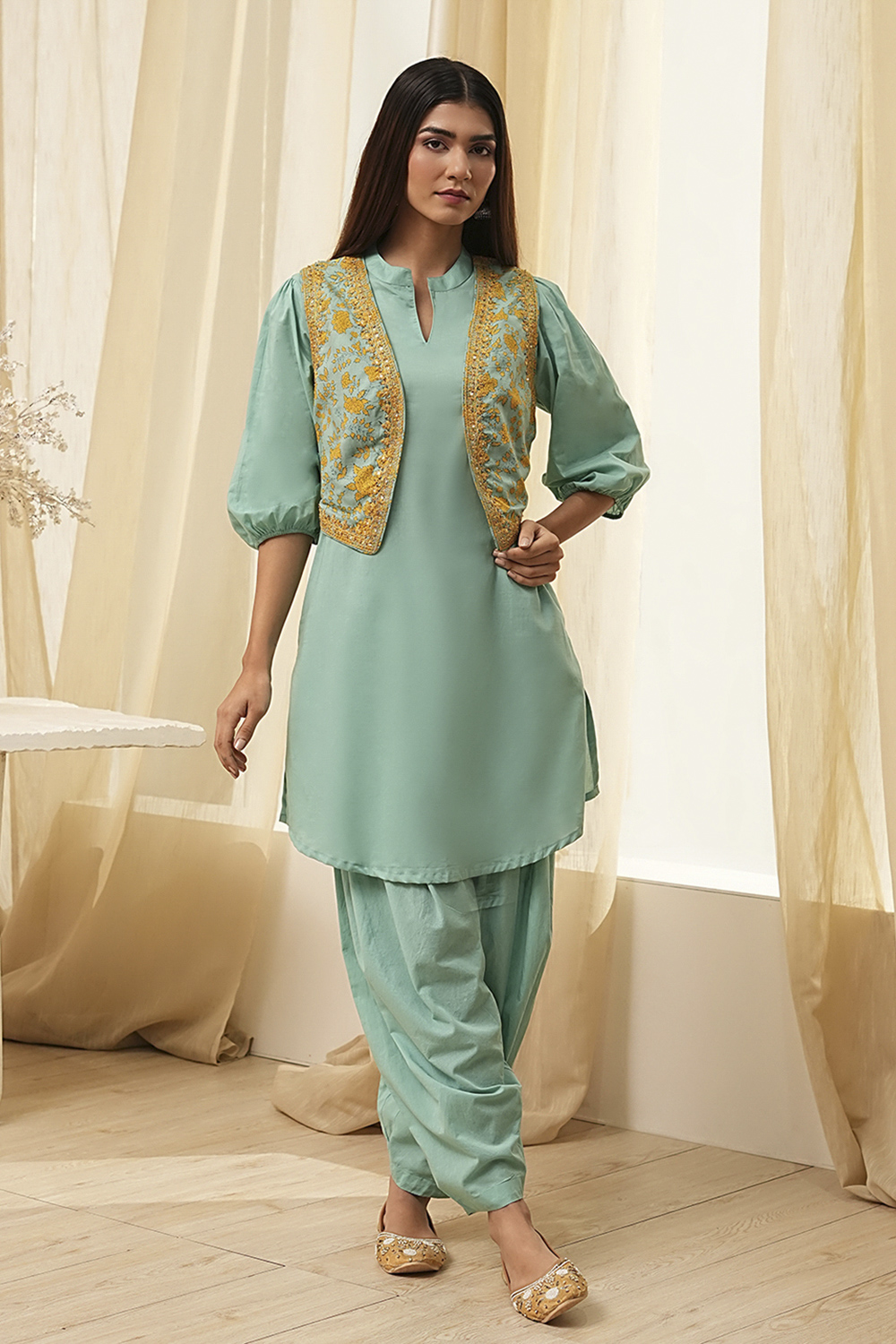 Sage Green Cotton Straight Suit Set image number 6