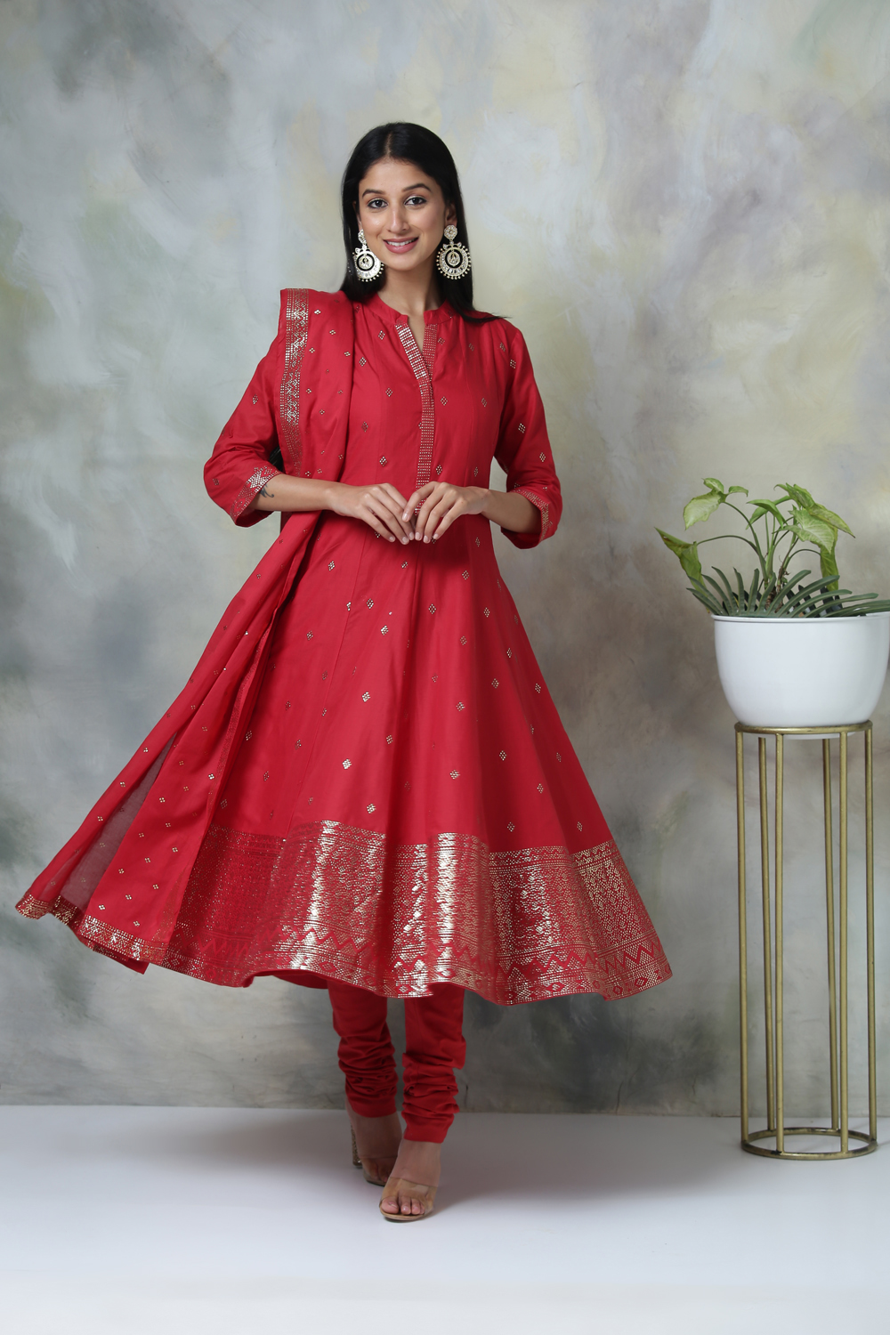 Red Cotton Kalidar Kurta Churidar Suit Set image number 4