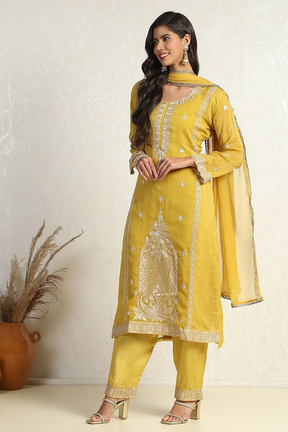 Mustard Organza Machine Embroidered Unstitched Suit Set image number 4