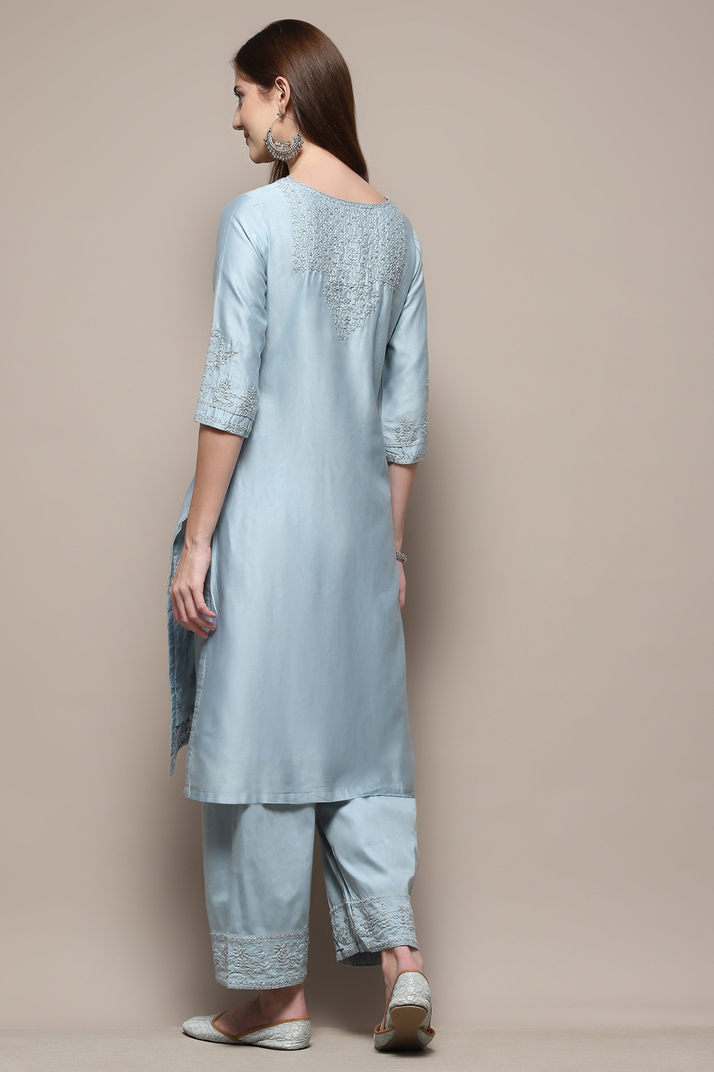 Ice Blue Embroidered Kurta & Palazzo Suit Set image number 5