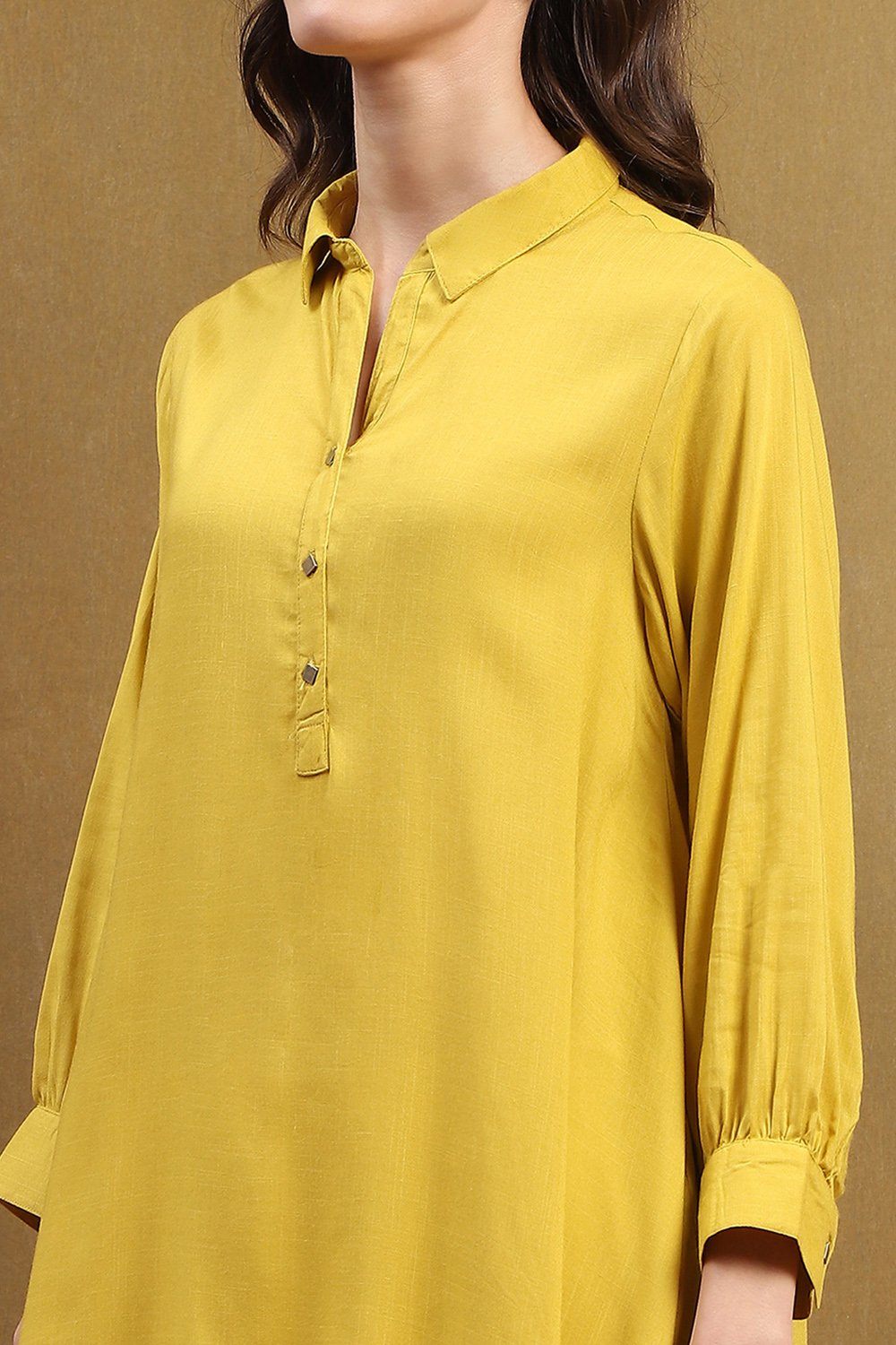 Mustard Yellow Solid Shirt Collar Asymmetric Short Kurti image number 1