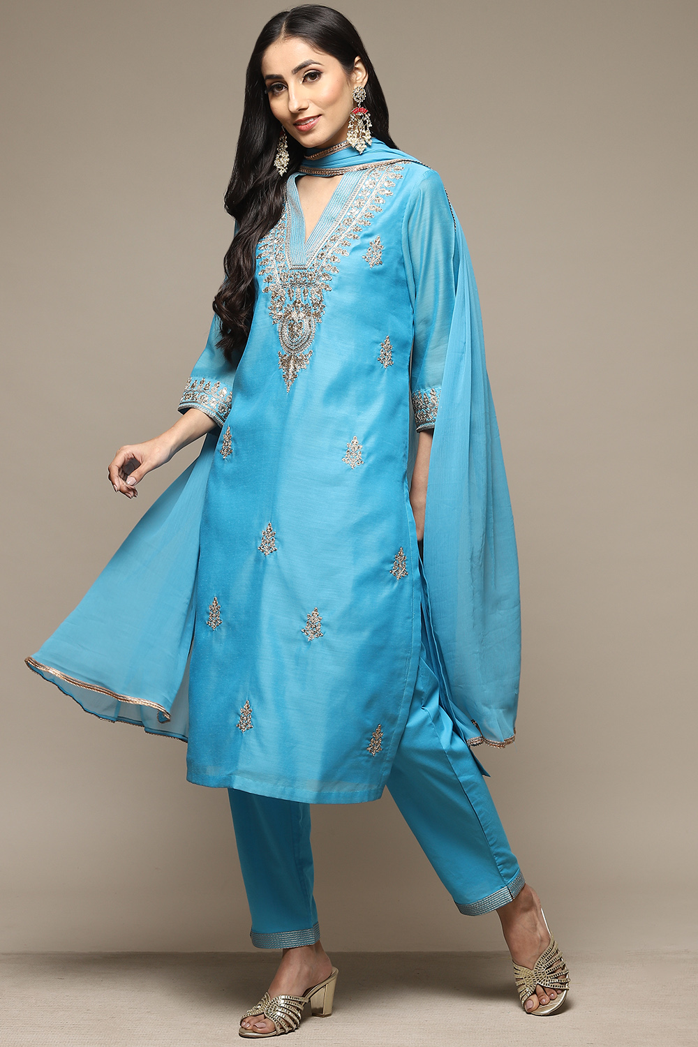 Electric Blue Cotton Blend Straight Kurta Pants Suit Set image number 0