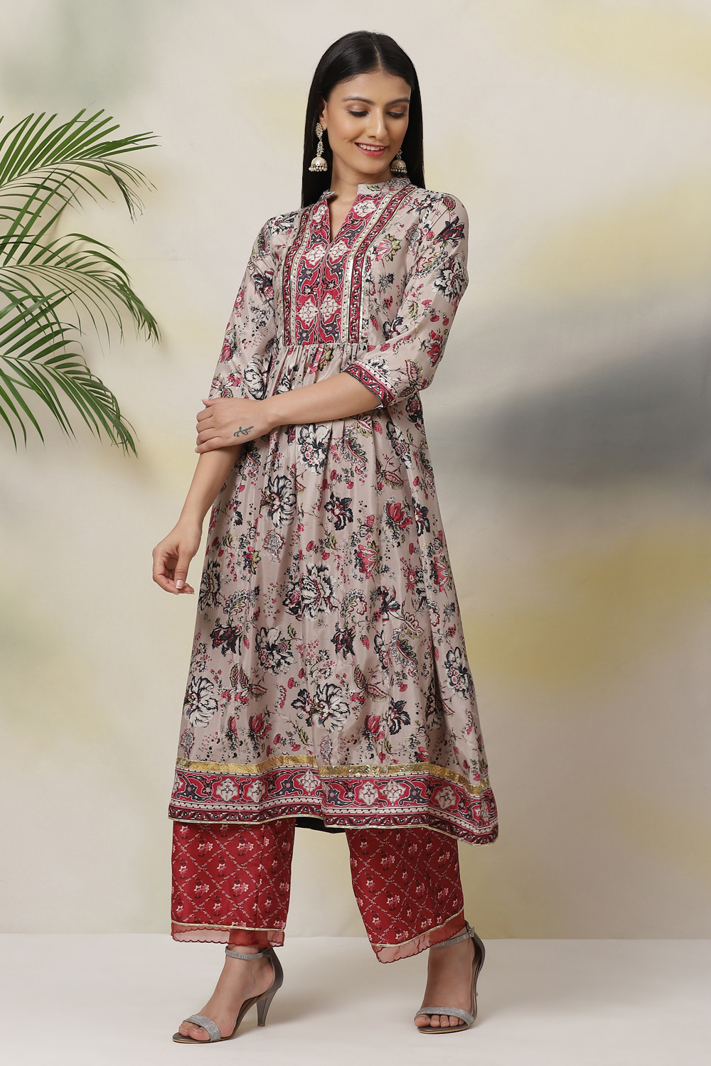 Grey Flared Art Silk Printed Dress image number 0