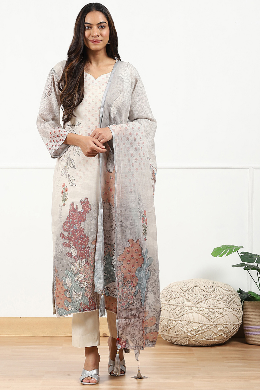 Beige Linen Floral Printed Unstitched Suit Set image number 1