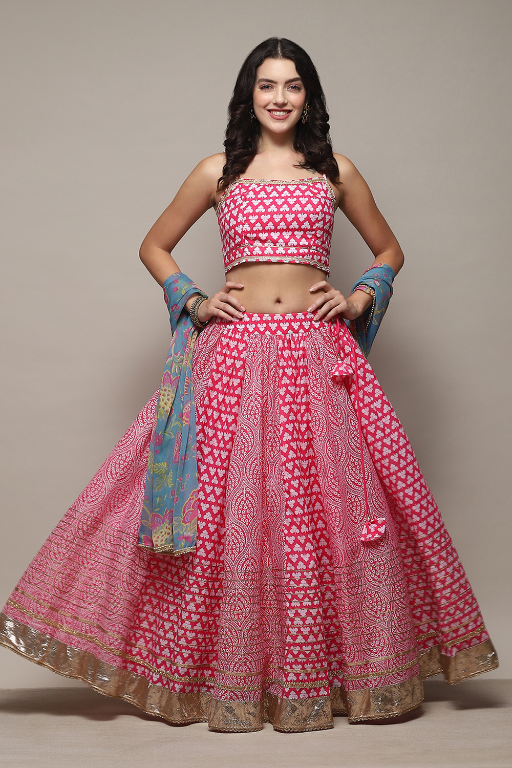 Pink Poly Cotton Straight Kurta Lehenga Set image number 0