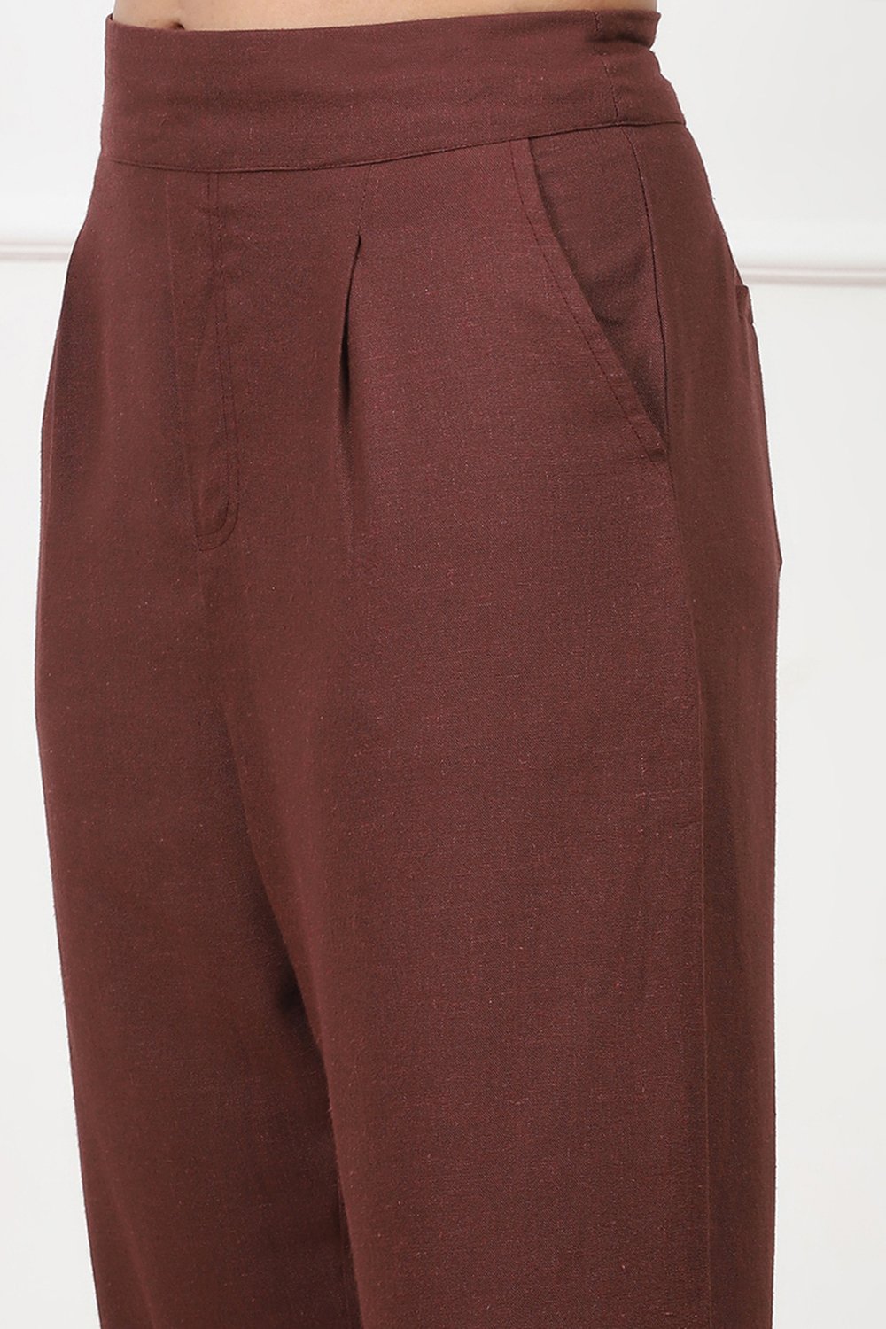 Brown Solid Tapered Relaxed Fit Pants image number 1