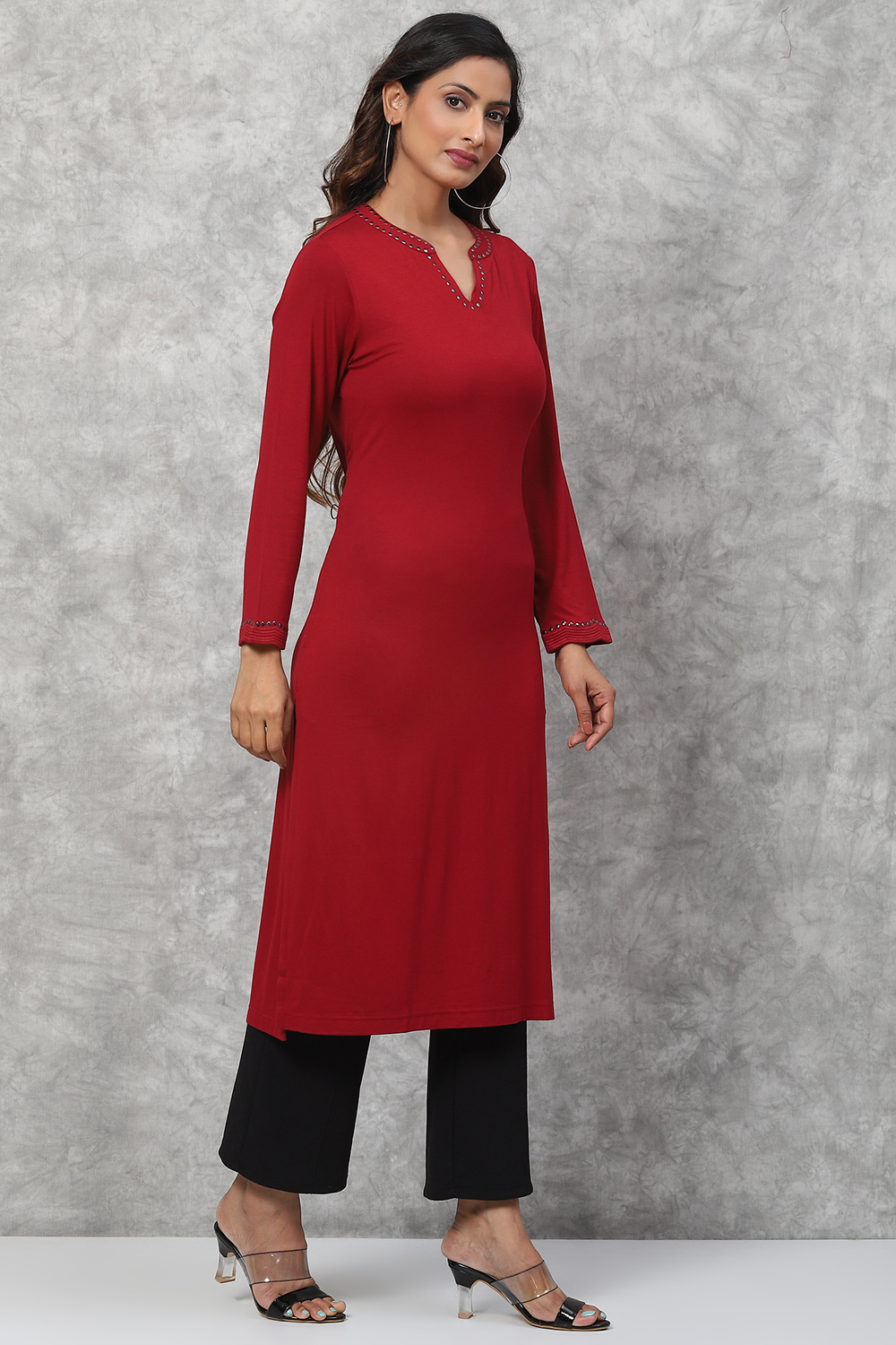 Maroon Straight Poly Span Kurta image number 3