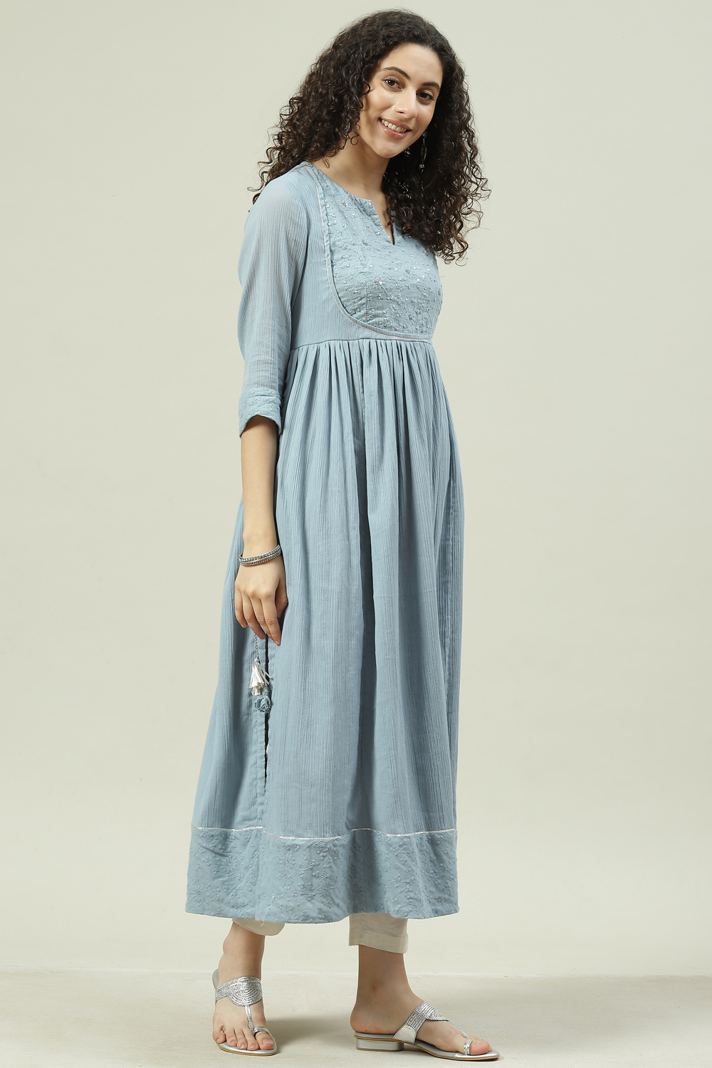 Blue Cotton Flared Solid Kurta Dress image number 3