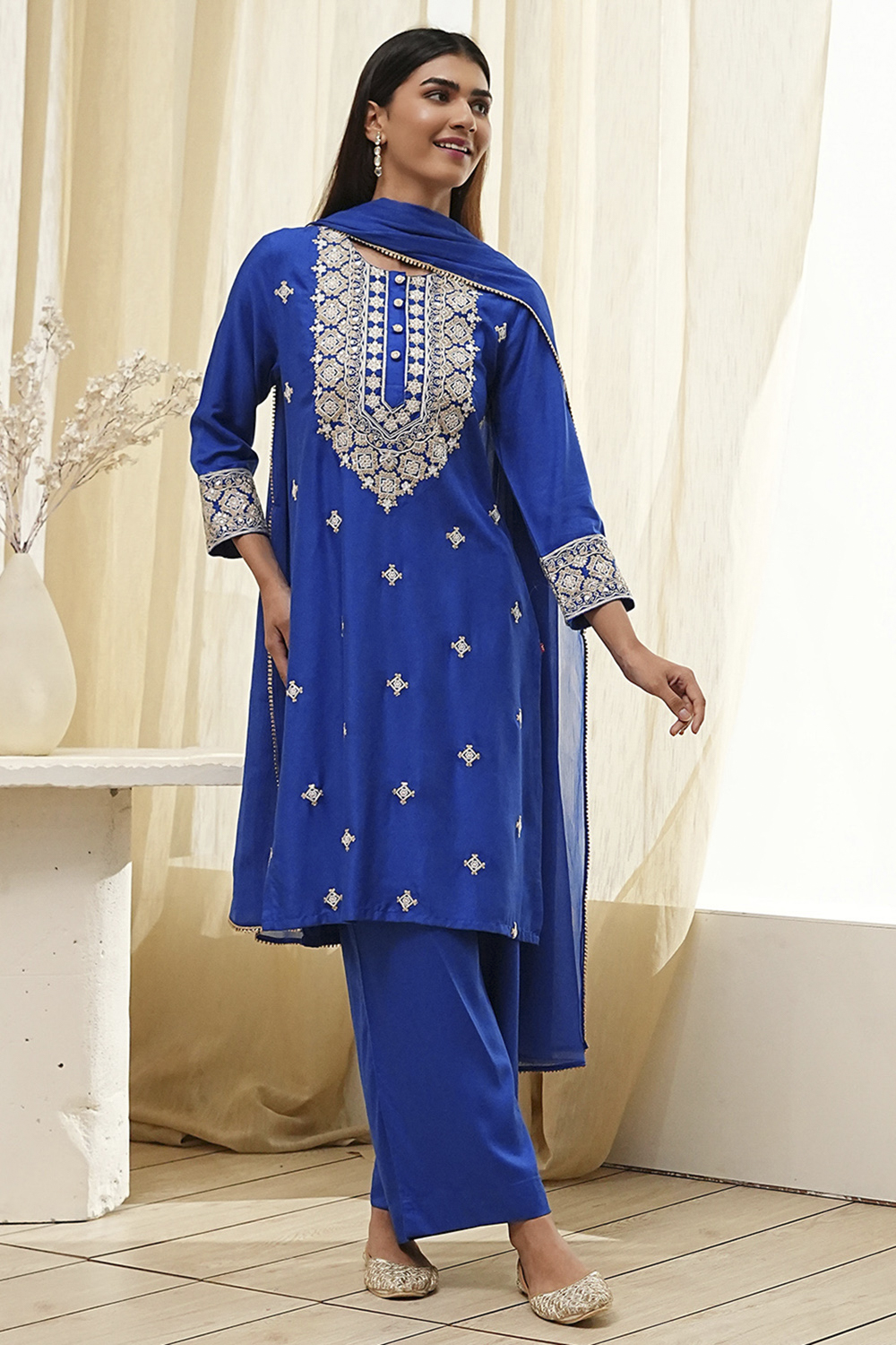 Blue Viscose Rayon Straight Suit Set image number 6