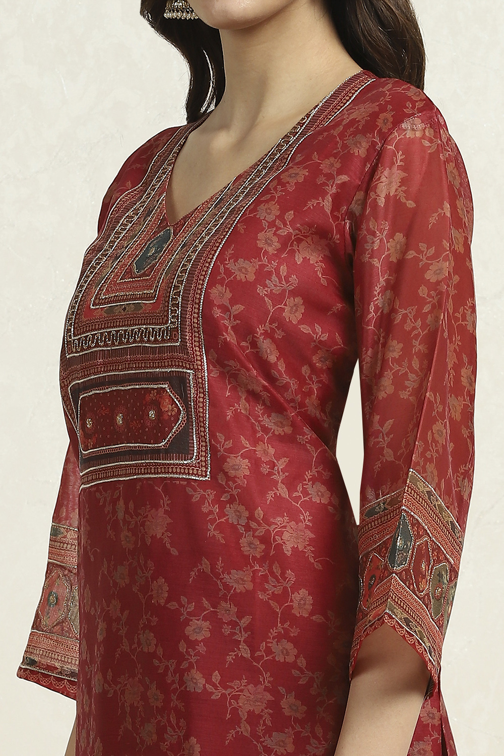 Pink Chanderi Floral Printed Unstitched Suit Set image number 2