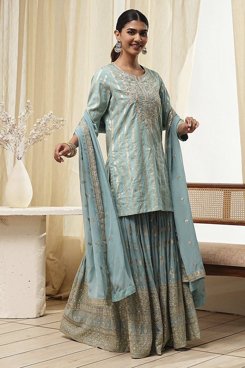 Powder Blue Embroidered Straight Suit Set image number 6