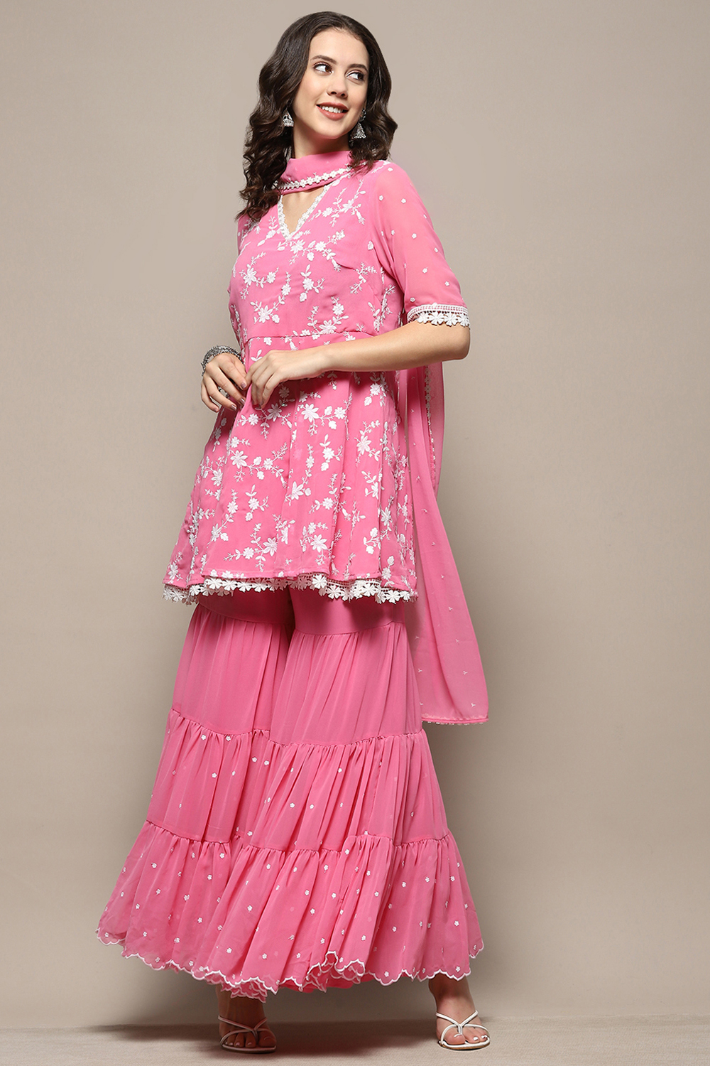 Pink Floral Embroidered A-Line Suit Set image number 8