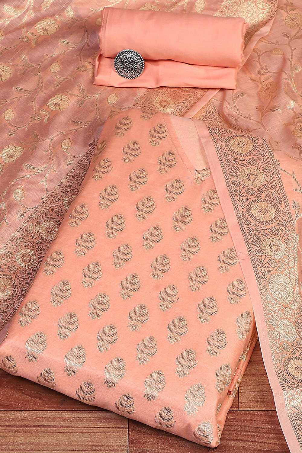 Peach Art Silk Woven Unstitched Suit Set image number 0