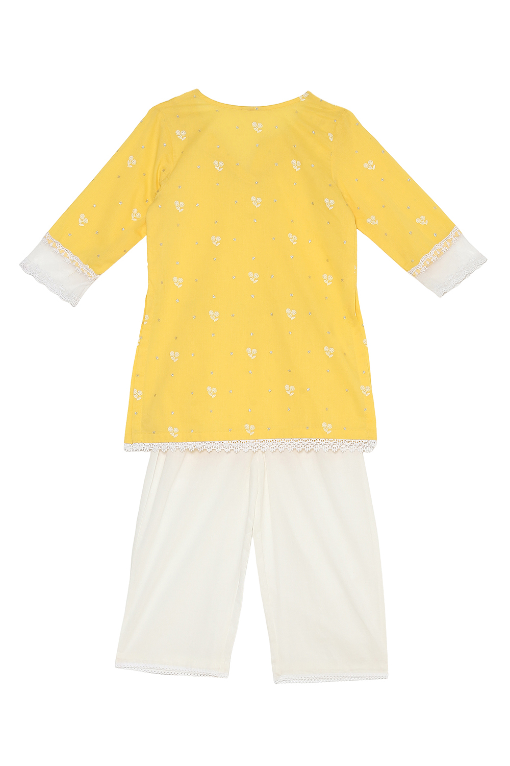 Yellow and White Cotton Printed Kurta Set image number 3