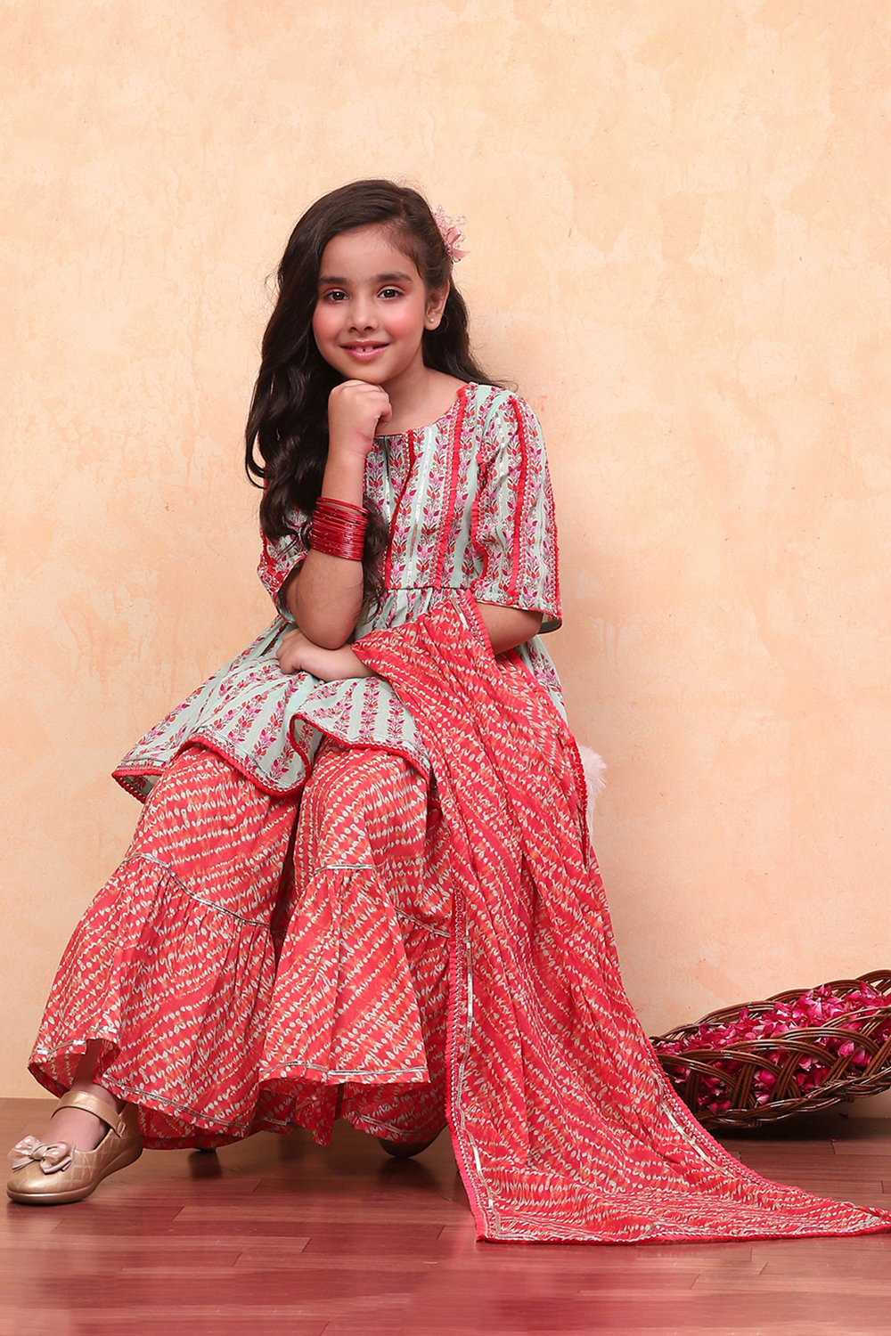 Aqua and Coral Pure Cotton Printed Peplum Suit Set image number 2