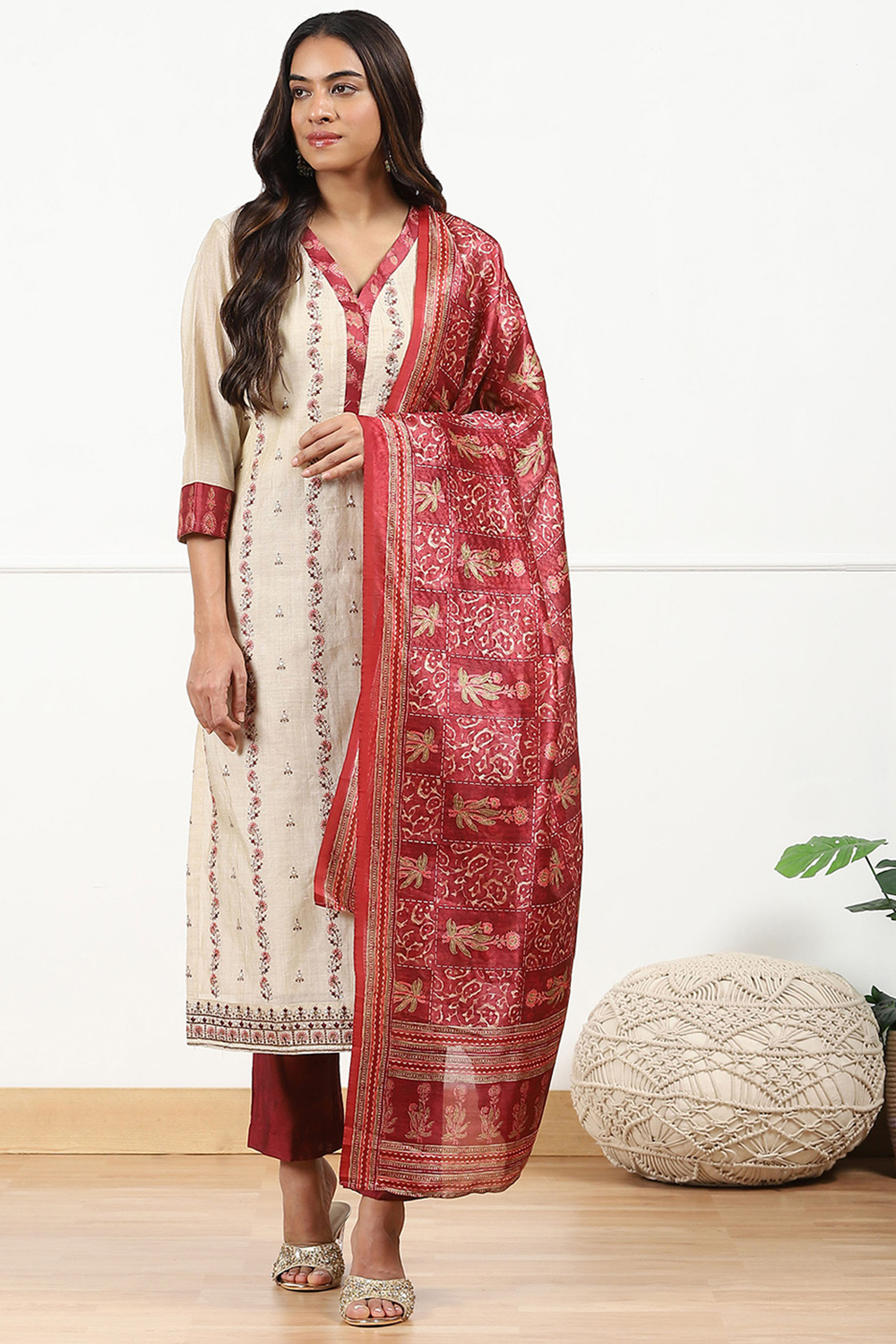 Off-White and Red Chanderi Machine Embroidered Unstitched Suit Set image number 5