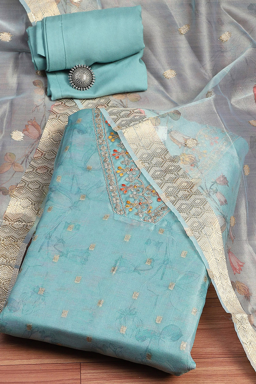 Blue Silk Blend Hand Embroidered Unstitched Suit Set image number 0