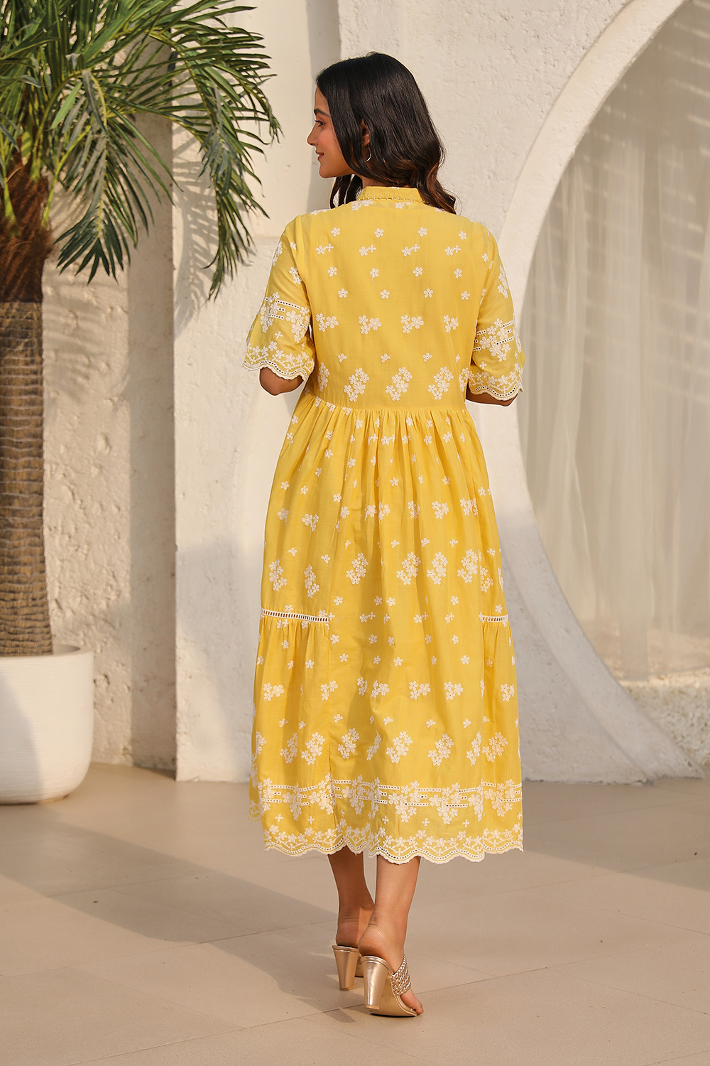 Yellow Cotton Embroidered Tiered Dress image number 3
