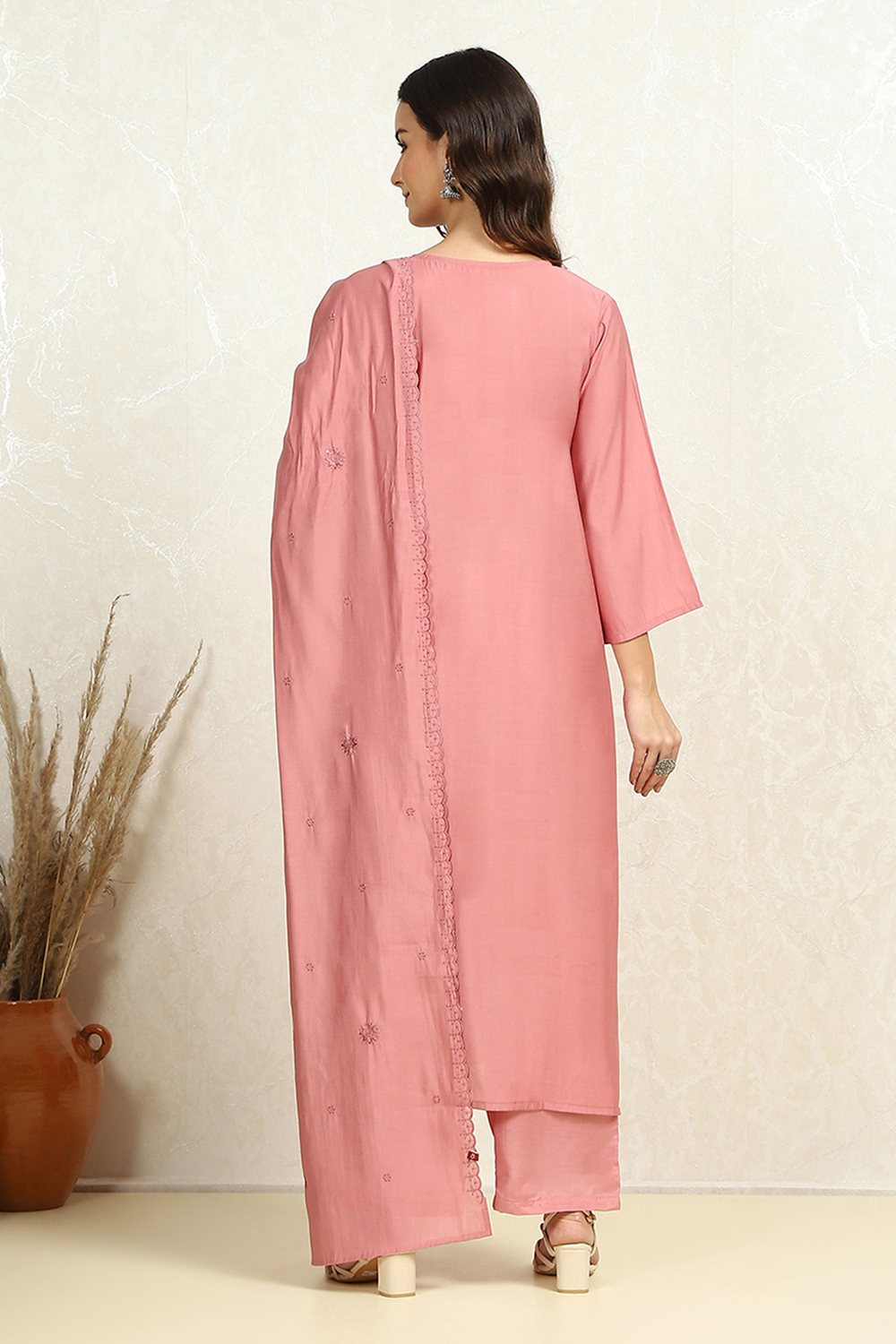 Pink Silk Blend Embroidered Unstitched Suit Set image number 5